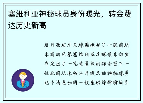 塞维利亚神秘球员身份曝光，转会费达历史新高
